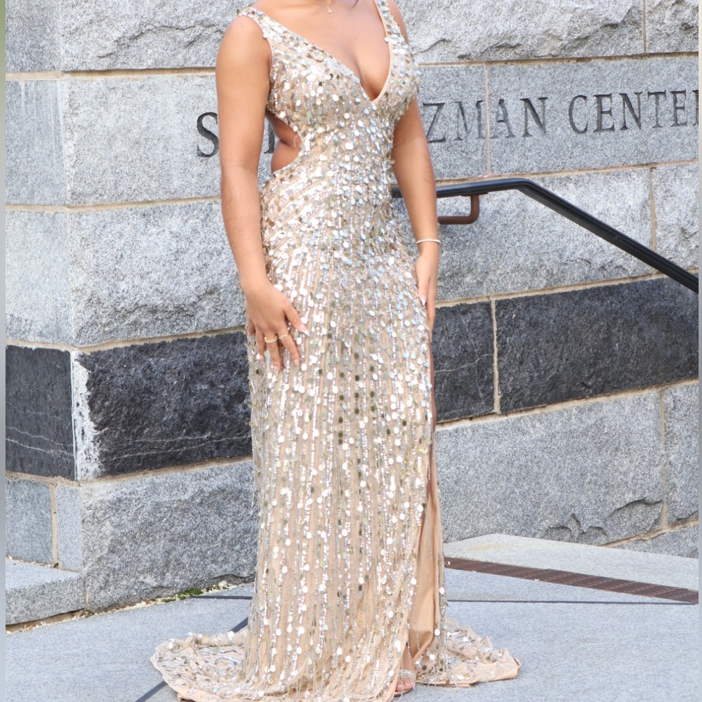 Jovani Gold Sequin Backless Dress